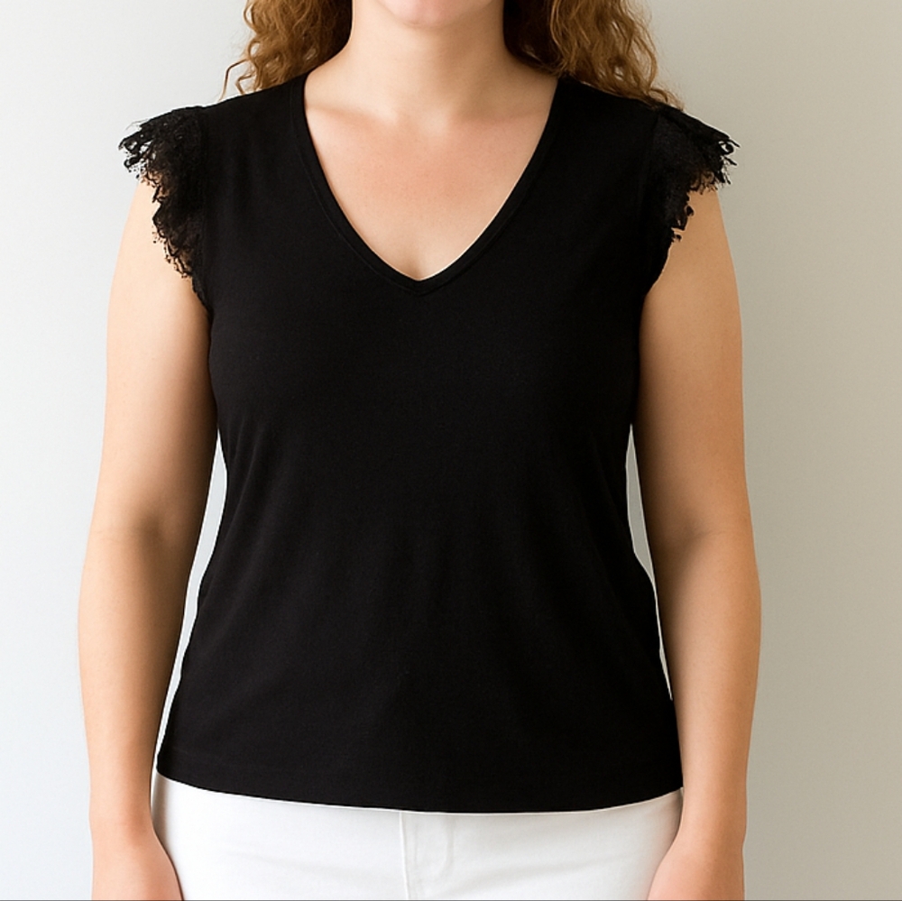 Generation Love Black Lace Cap Sleeve V-Neck Knit Top Medium Linen Goth Witchy